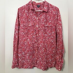 100% Cotton Eddie Bauer Red Floral Collared Button-Up Shirt